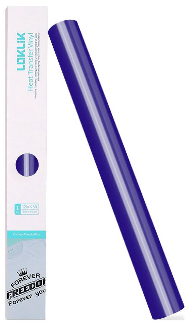 Produktbild einer blauen Wärmeübertragungs-Vinyl-Rolle neben ihrer Verpackung mit der Aufschrift „LOVLIK Heat Transfer Vinyl