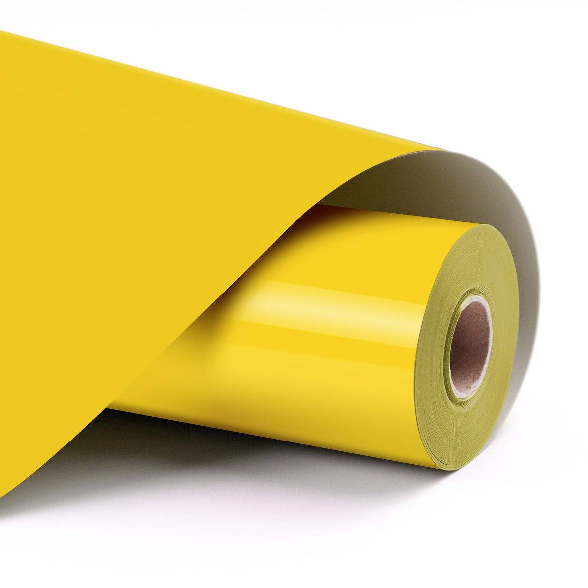Eine Rolle aus hellem gelbem Papier oder Vinyl-Material, das sich teilweise auf weißem Hintergrund abwickelt.