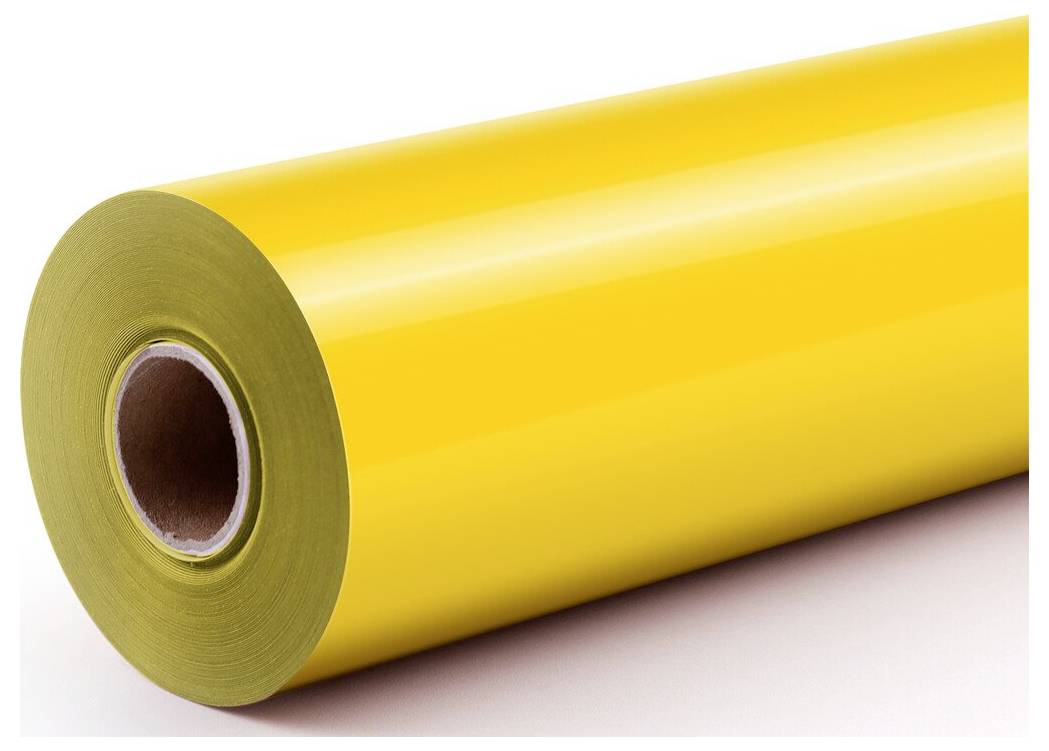 Eine Rolle glänzende gelbe Klebefolie oder Vinylfolie, dargestellt in einer aufgerollten Produktabbildung in Nahaufnahme.