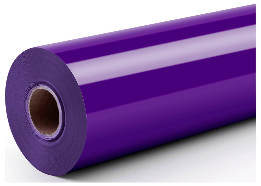 Rolle aus glänzender violetter Vinylfolie mit Pappkern, auf weißem Hintergrund gezeigt.