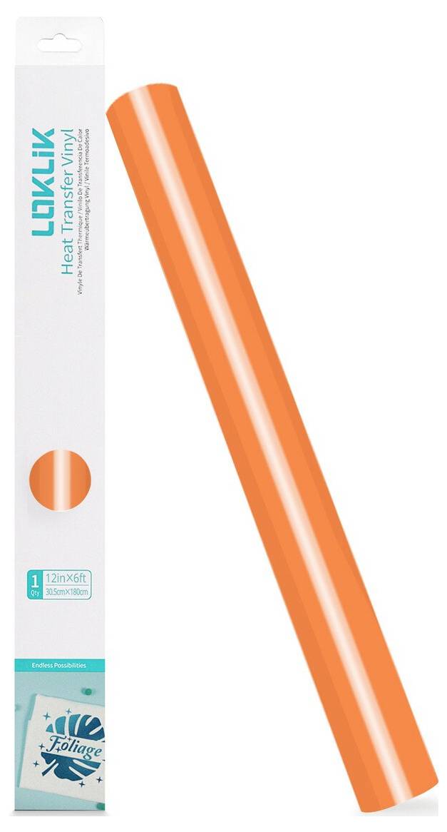 Orange-Wärmedelienrolle neben ihrer Verpackung mit der Aufschrift „LOKLiK Heat Transfer Vinyl