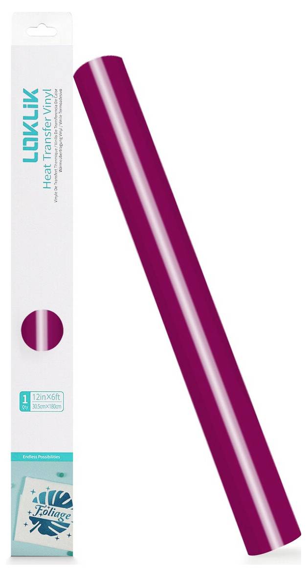 Rolle aus magentafarbenem Wärmeübertragungsvinyl neben ihrer Verpackungsschachtel mit der Bezeichnung 