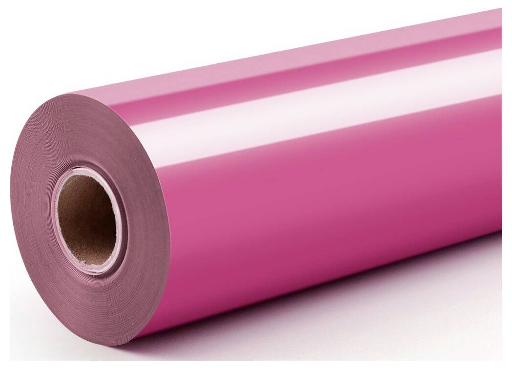 Rolle aus glänzender rosa Klebstoffvinylfolie auf weißem Hintergrund, teilweise abgerollt dargestellt.