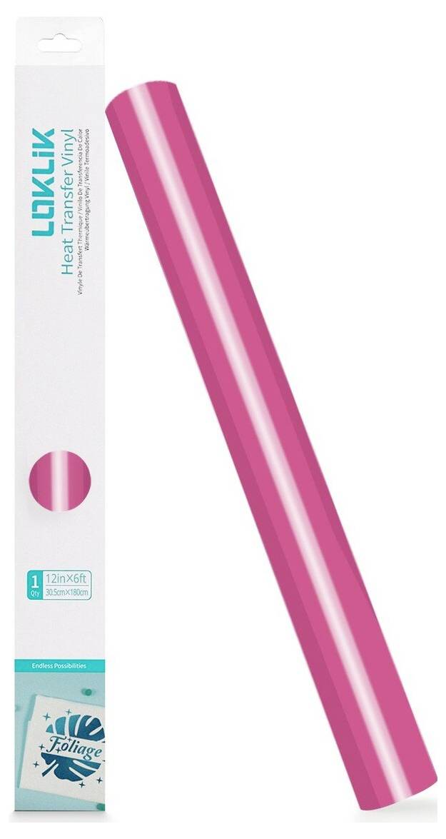 Pink LKLIK Wärmeübertragungsvinylrolle neben ihrer Verpackungsschachtel gezeigt, mit „Foliage