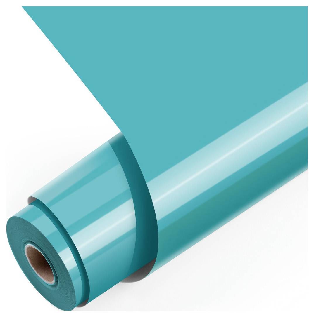 Eine blaugrüne Rolle aus transparenter Kunststoffolie oder -verpackung, diagonal auf weißem Hintergrund dargestellt.