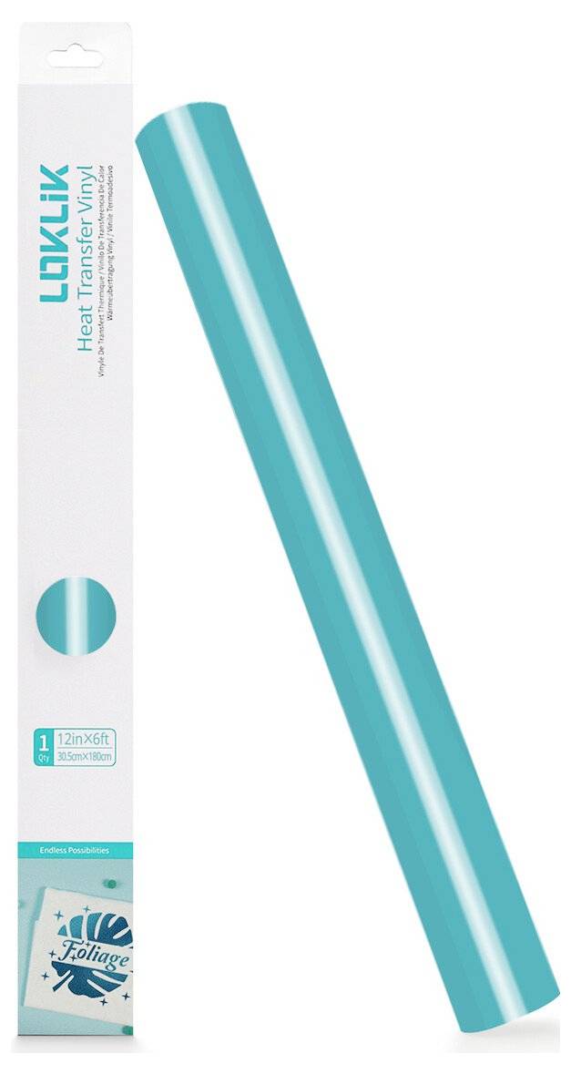 Turquoise LOKLiK Wärmeübertragungsvinyl-Rolle neben ihrer Verpackungsbox auf weißem Hintergrund dargestellt.