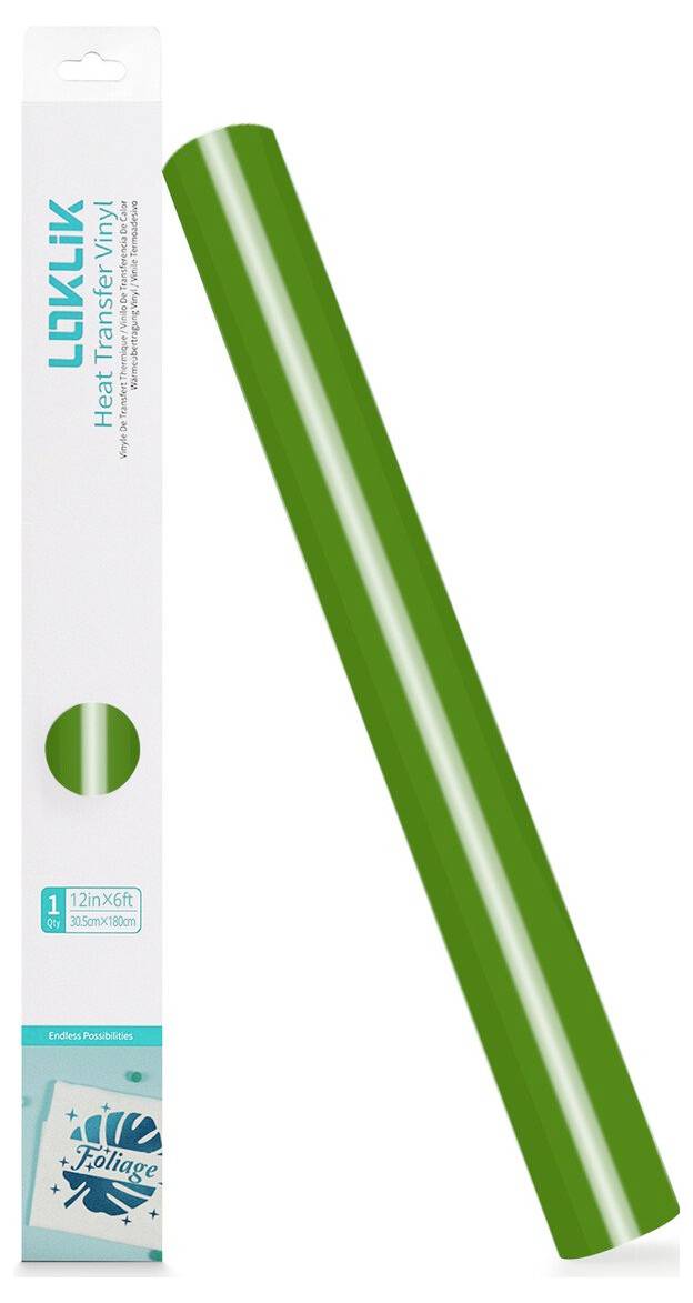 Grüne Wärmtransfer-Vinylrolle neben ihrer weißen LOKLIK-Einzelhandelverpackung auf neutralem Hintergrund.