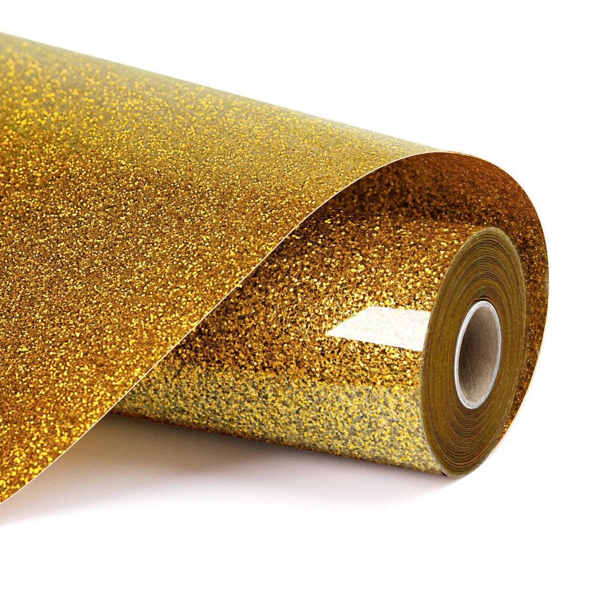 Rolle aus goldenem, glitzerndem Klebeband oder Bastelmaterial auf weißem Hintergrund.