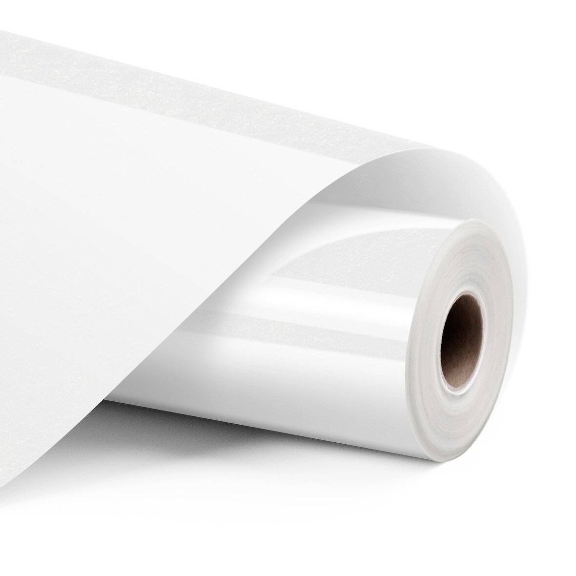 Ein aufgerolltes weißes Blatt Papier oder Vinylematerial auf weißem Hintergrund.