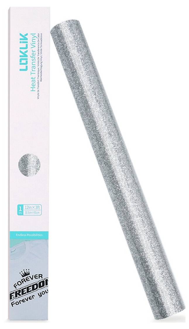 Silberner Glitter-Transfervinylrollen neben seiner Verpackungsbox mit der Aufschrift 