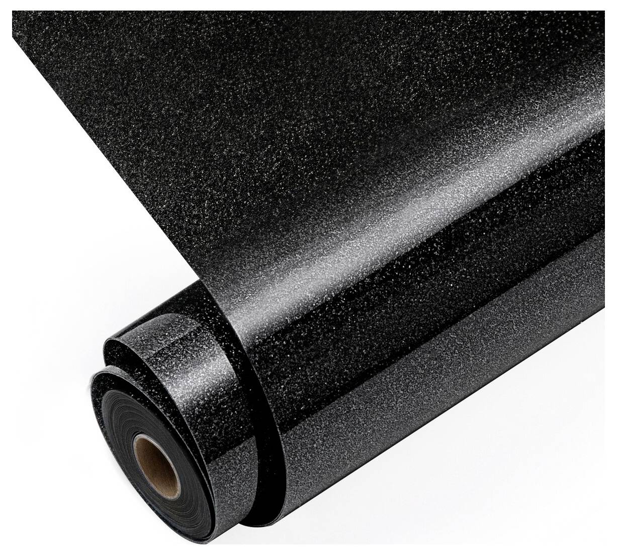 Rolle schwarzes Klebeband, teilweise abgerollt, zeigt eine glatte glänzende Oberfläche und braunen Kartonkern auf weißem Hintergrund.
