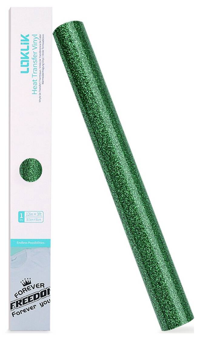 Grüne Glitter-Wärmeübertragungsvinyl-Rolle neben ihrer Produktbox mit der Aufschrift 