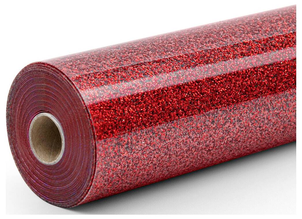 Rolle aus rotem glitzerndem Haftungsfilm oder Vinyl-Wrap auf weißem Hintergrund, aufgerollt dargestellt mit sichtbarem Kartonkern.