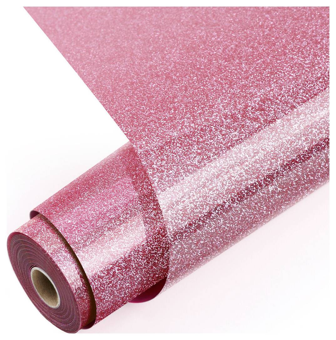 Aufgerollte Bahn aus rosa glitzerndem Bastelmaterial auf weißem Hintergrund, teilweise abgerollt dargestellt.