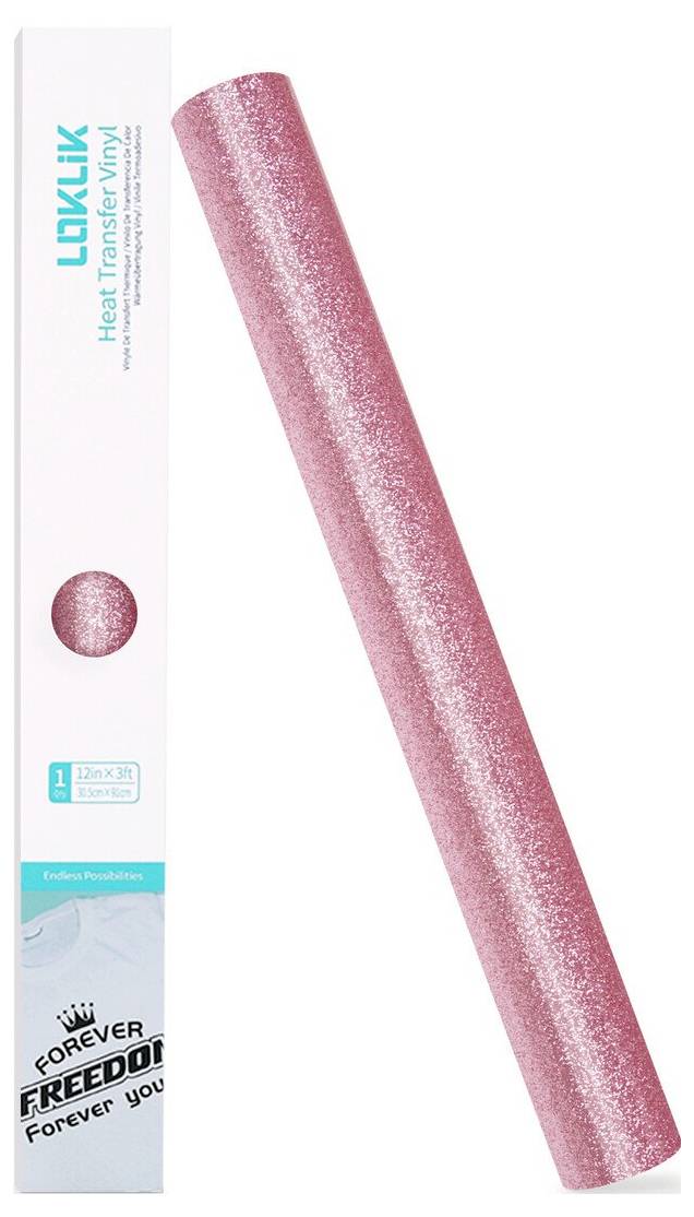 Rolle aus rosa glitzernem Transfervinyl neben einer Produktverpackung mit der Aufschrift 