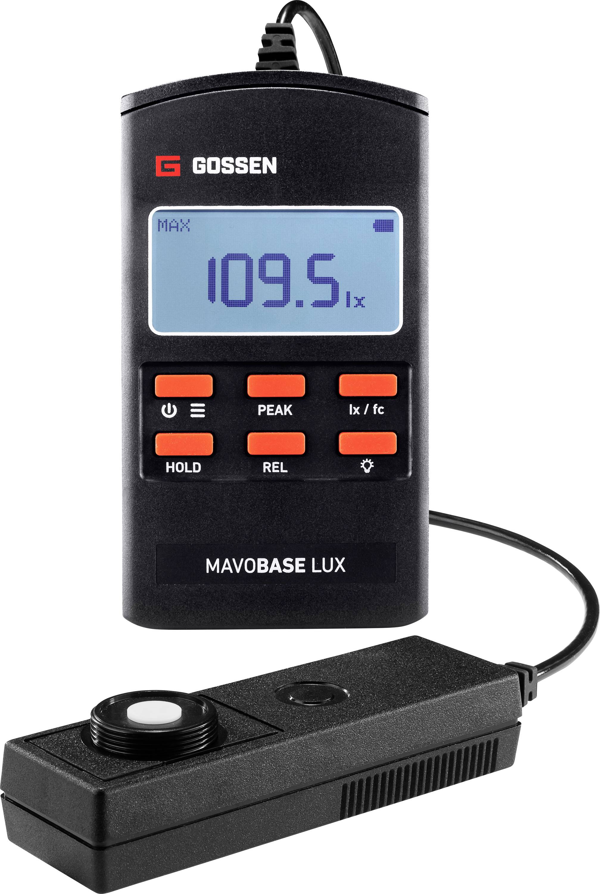 Tragbares Gossen Mavobase Lux-Beleuchtungsmessgerät mit einer Anzeige von 109,5 lx und einer separaten, über ein Kabel angeschlossenen Sensorsonde.