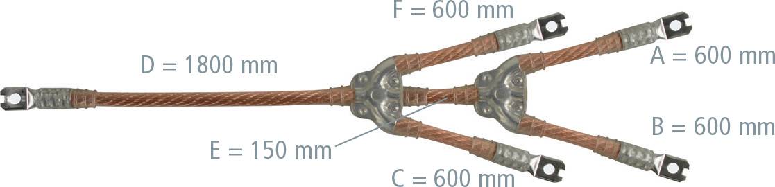 Diagramm einer Seil- und Flaschenzuganlage mit beschrifteten Abschnitten A, B, C, D und E, die Abmessungen in Millimetern zeigen: A 600, B 600, C 600, D 1800, E 150.