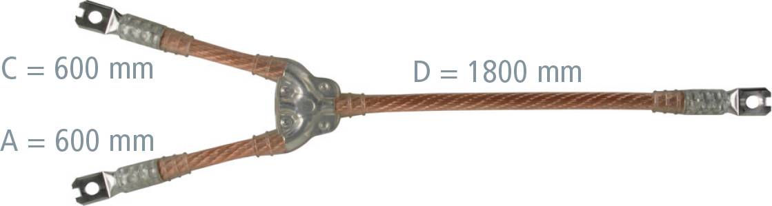 Diagramm eines Drahtseils mit drei Beinen, die an einer zentralen Vorrichtung befestigt sind, gekennzeichnet mit A = 600 mm, C = 600 mm und D = 1800 mm.