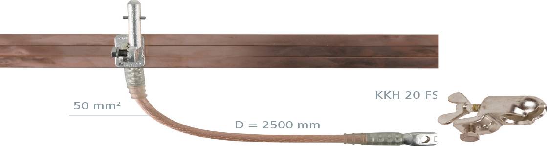 Robustes Kupferkabel mit schützender Federmantelabdeckung, gekennzeichnet mit 50 mm² und D = 2500 mm, verbunden mit einer Klemm- und Erdungsclip-Baugruppe.