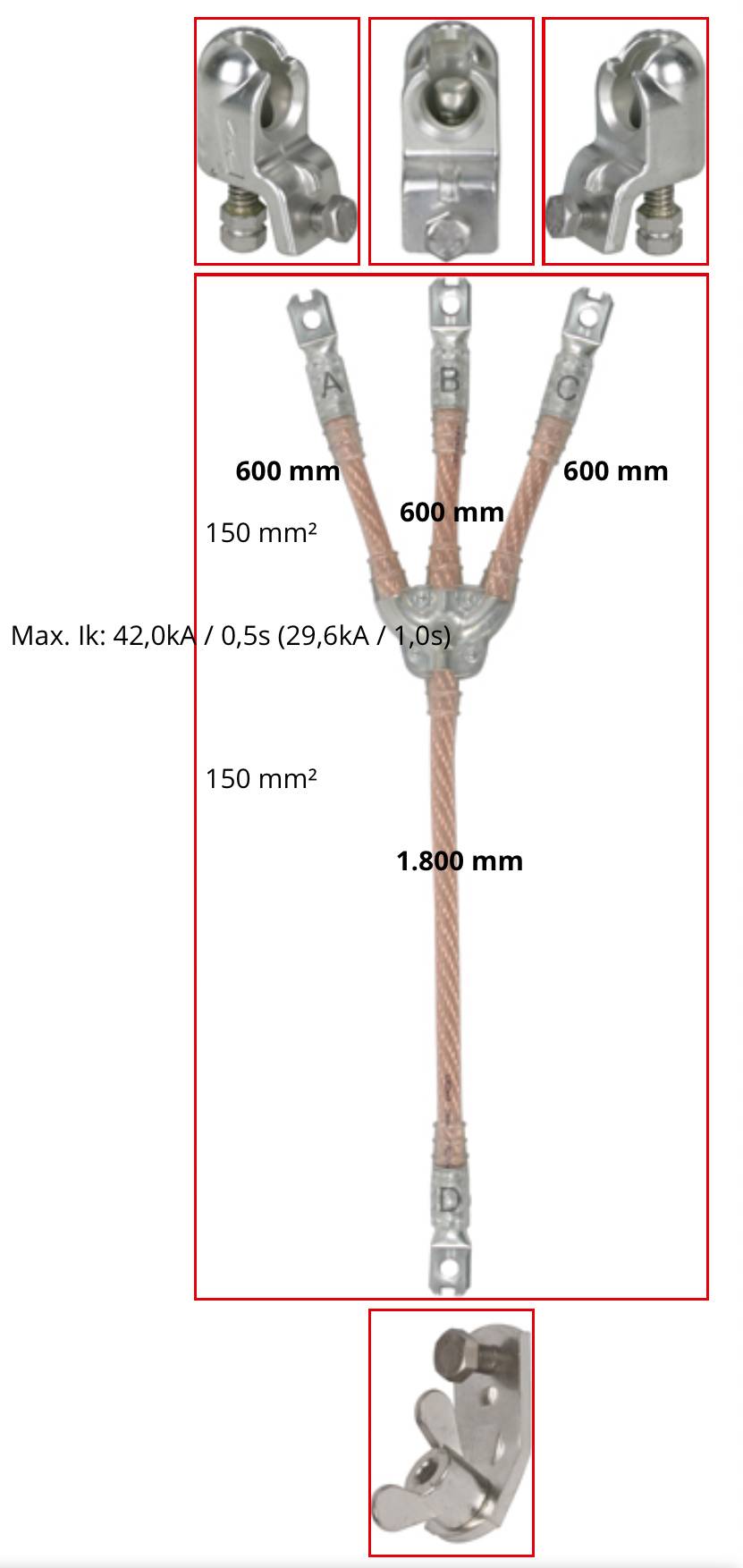 Diagramm eines dreibeinigen Drahtseils mit drei oberen Haken und einem unteren Haken, mit 600 mm oberen Schenkeln, 1.800 mm Gesamtlänge, 150 mm² und max. Last 42,0 kA/0,5 s (29,6 kA/1,0 s).