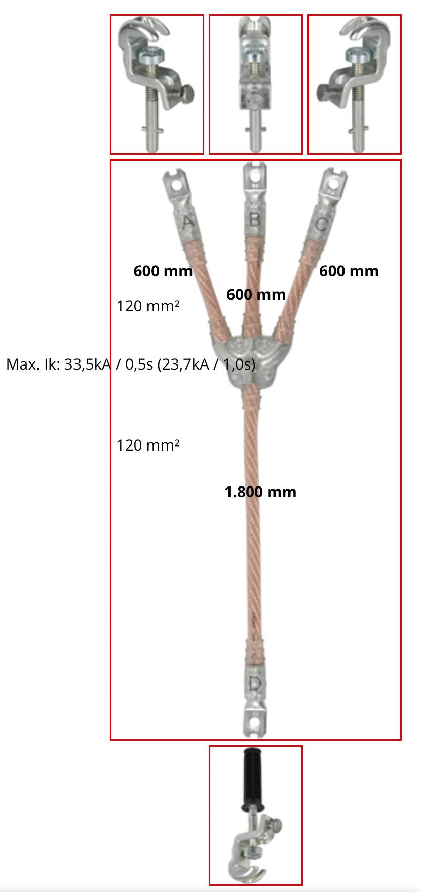 Schaltschema der Elektrosteckerverbindung mit drei oberen Befestigungsoptionen und einer zentralen 3-Wege-Kabelverbindung, gekennzeichnet mit 600 mm, 120 mm², 1.800 mm und max Ik 33,5 kA/0,5 s (23,7 kA/1,0 s).