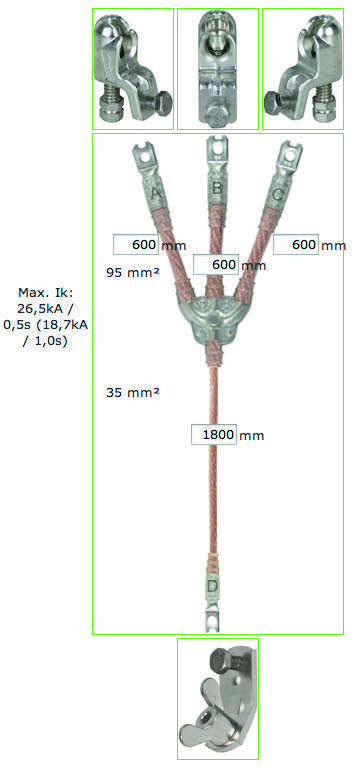 Diagramm einer Kabelklemmenanordnung mit drei oberen Steckeransichten, einer dreiaderigen Kabelverbindung, bezeichneten Drahtquerschnitten von 35 mm² und 95 mm², 600 mm lange Abzweigungen, 1800 mm Stamm und maximale Strombelastungswerte.