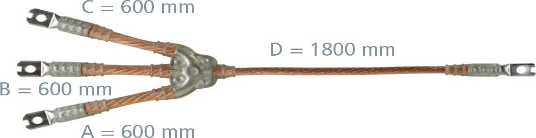 Dreiadrige Metallerdungsleitung mit Abzweigungen A, B und C je 600 mm lang und Hauptleitung D 1800 mm lang.