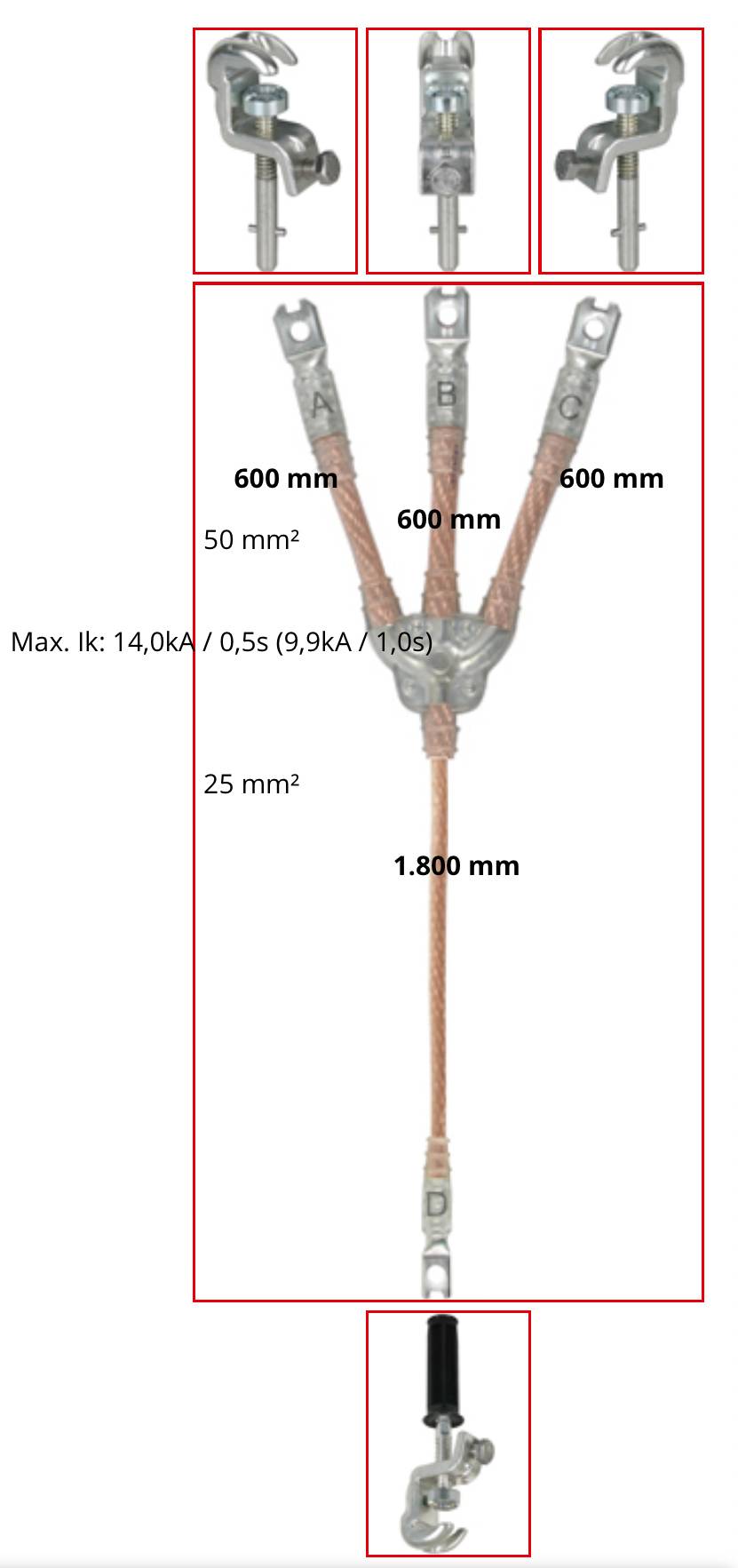 Kommentierte Abbildung einer Kabelverbindung/Kabelendverschluss mit mehreren Steckertypen und Kabelquerschnitten, mit gekennzeichneten Abmessungen von 600 mm und 1.800 mm sowie maximalen Stromwerten.