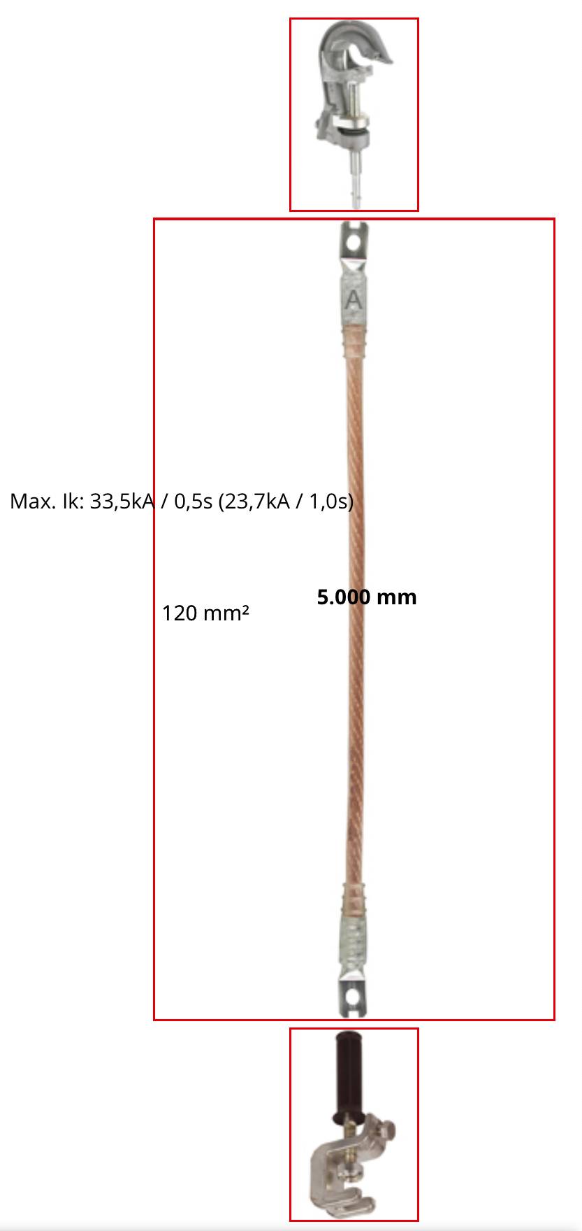 Industrielle Erdungskabelanordnung mit Metallklemmen an beiden Enden; das Etikett zeigt 120 mm², 5.000 mm und maximale Strombelastbarkeit 33,5 kA/0,5s oder 23,7 kA/1,0s.