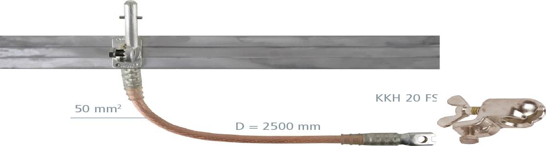 Erdungskabelanlage mit Schellen, bezeichnet mit 50 mm² und D = 2500 mm, dargestellt mit einem KKH 20 FS-Stecker.