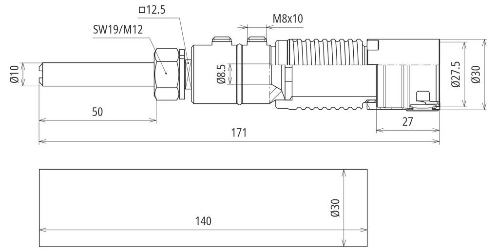 Technische Linienzeichnung eines zylindrischen mechanischen Teils mit Gewinde- und Sechskantabschnitten, die wichtige Abmessungen zeigt, einschließlich 171 mm Gesamtlänge, 140 mm Basis und Durchmesser von 10 bis 30 mm.