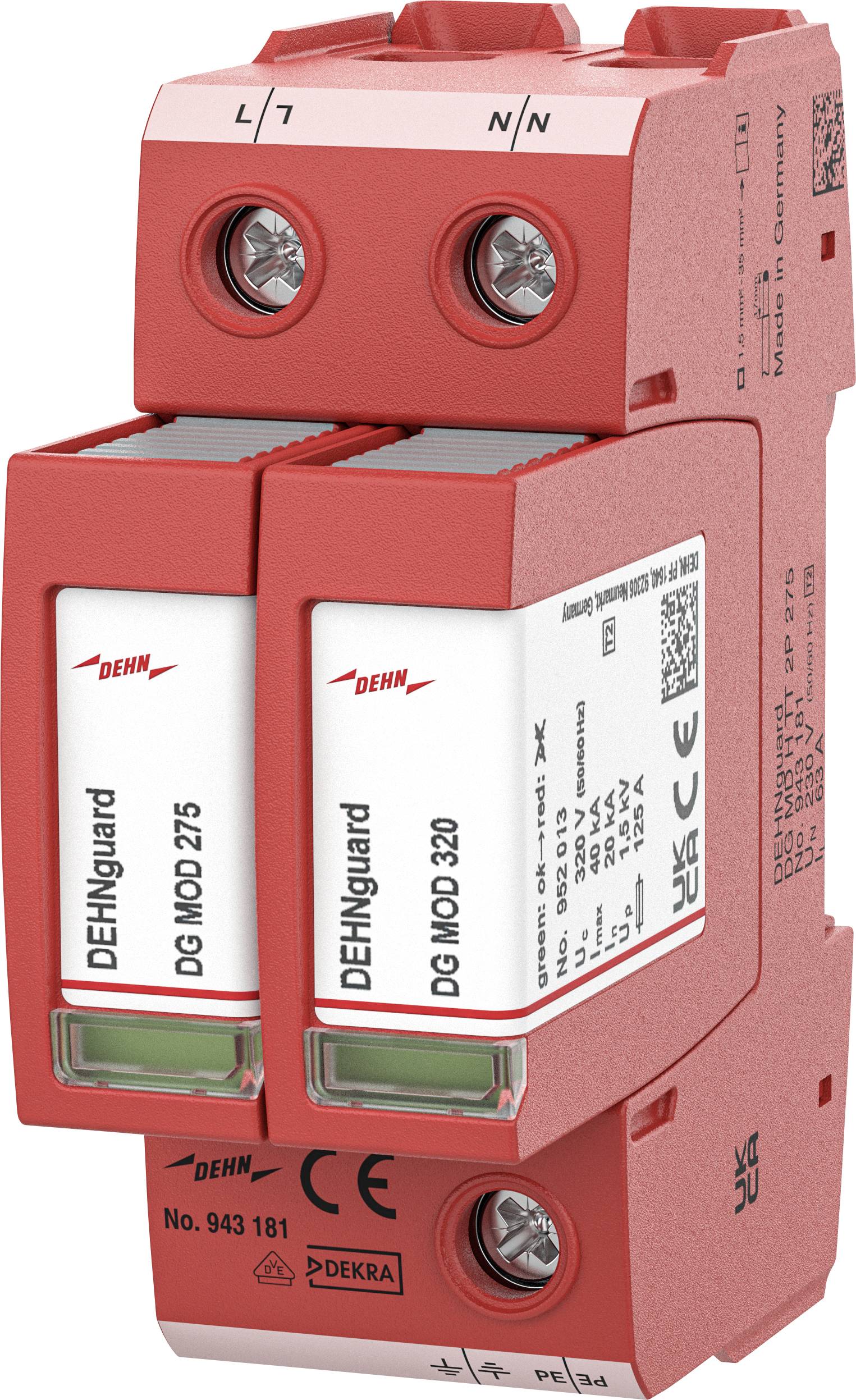 Rotes DEHNguard Überspannungsschutzgerät mit zwei Kartuschenmodulen mit der Bezeichnung DG MOD 275 und DG MOD 320, Vorderansicht.