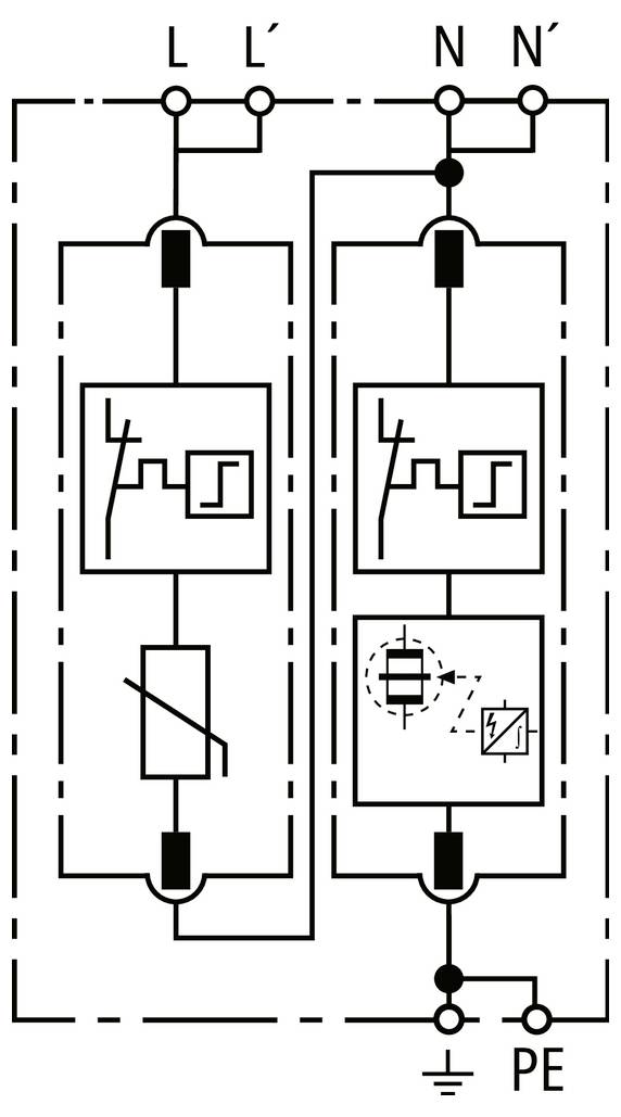 Elektrisches Schaltschema mit L- und N-Eingangsklemmen, die zwei geschützte Stromkreise speisen, und einer PE-Erdungsverbindung.