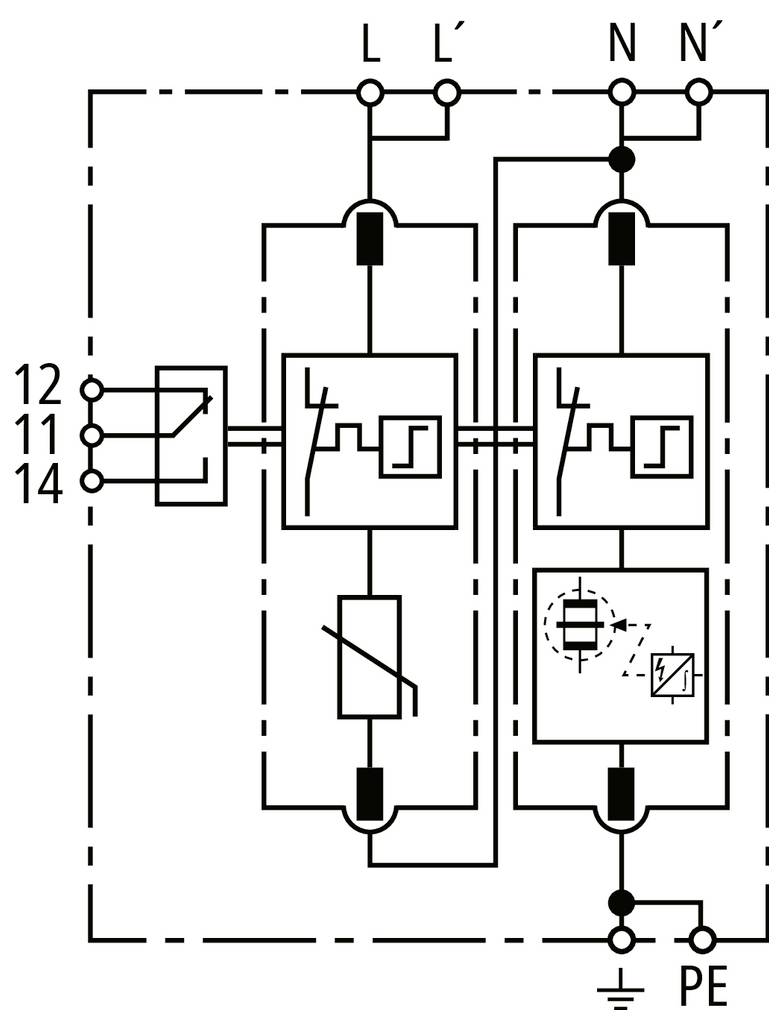 Schaltplan eines Dual-Relais-/Steuermoduls mit gekennzeichneten Anschlüssen L, L', N, N', 12, 11, 14 und PE, das die Stromversorgung und Schaltverbindungen zeigt.