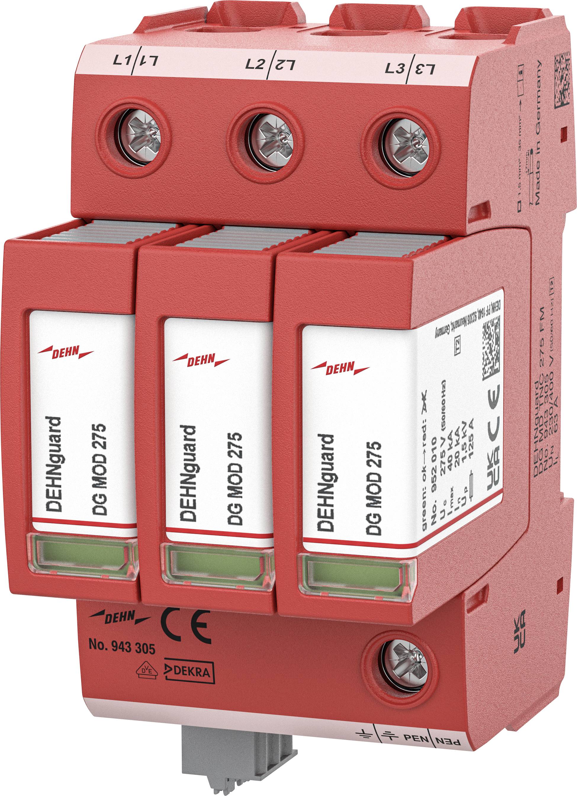 Rotes DEHNguard DG MOD 275 Überspannungsschutzgerät mit drei Modulen, beschriftet L1/L2/L3, in Vorderansicht auf weißem Hintergrund.