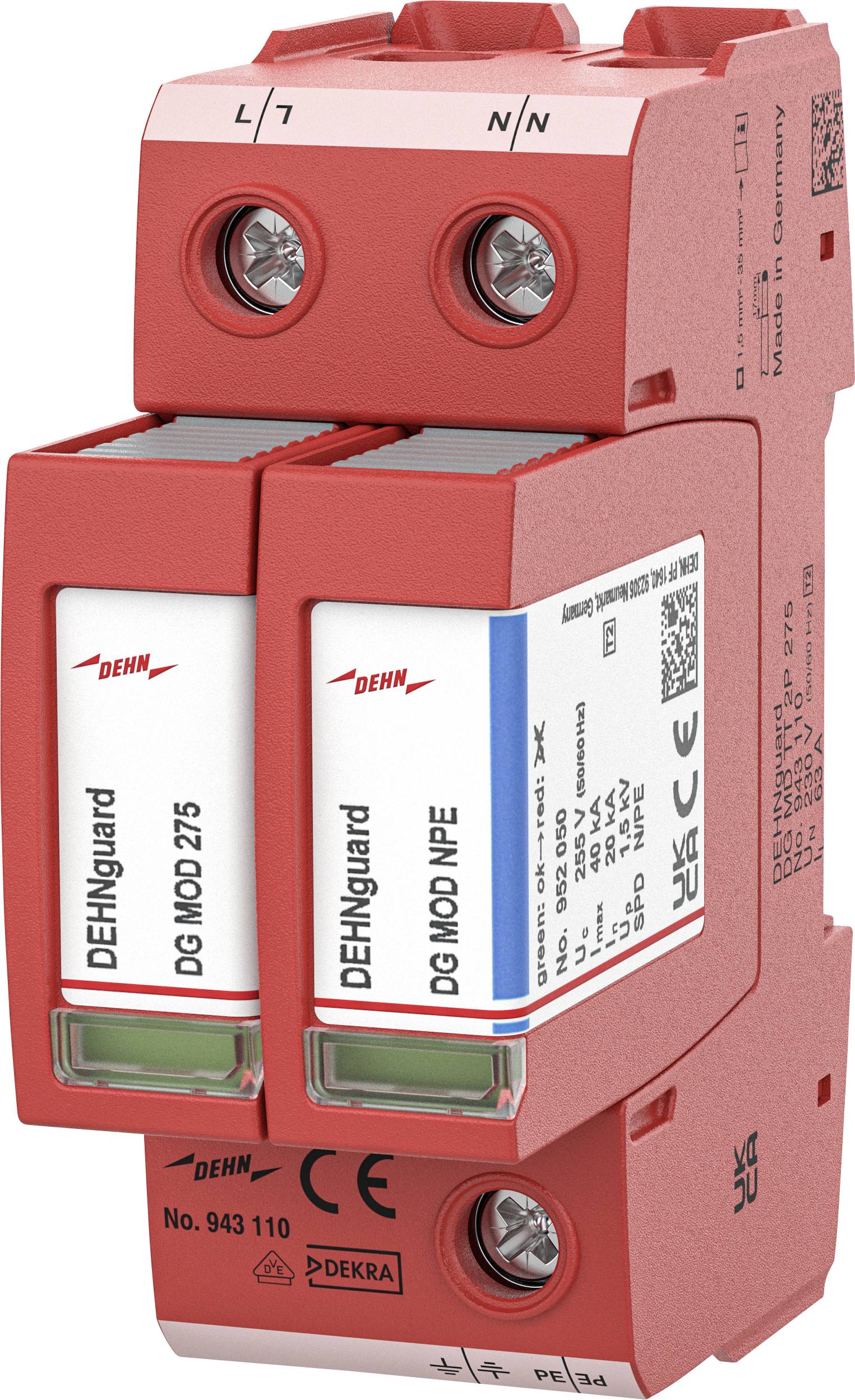 Rotes DEHNguard-Überspannungsschutzgerät mit zwei Steckermodulen mit den Bezeichnungen DG MOD 275 und DG MOD NPE, Frontansicht auf weißem Hintergrund.