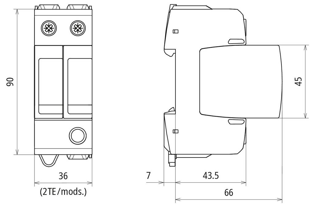Technische Maßzeichnung eines zweimoduligen elektrischen Geräts mit Vorder- und Seitenansichten und Abmessungen von 90, 36, 43,5, 45, 66 und 7 mm.