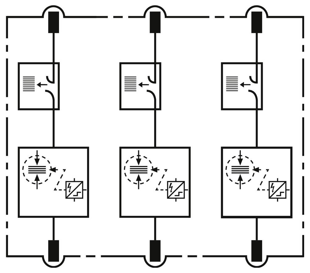 Drei parallele Schaltkreiszweige in einer gestrichelten Umrandung, jeder mit einer oben angebrachten schalterähnlichen Komponente, die ein größeres Steuer-/Elektronikmodul darunter speist.