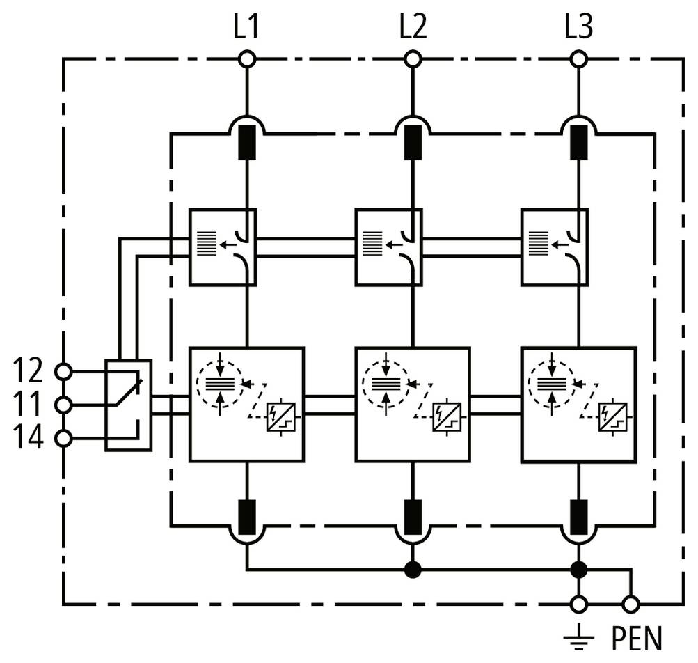 Dreiphasen-Elektroinstallationsschaltplan mit L1, L2, L3, die drei verbundene Module mit einer PEN-Erdungsleitung und nummerierten Steuerkontakten 12, 11, 14 speisen.