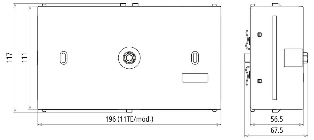 Technische Maßzeichnung eines rechteckigen Geräts mit Front- und Seitenansicht und Abmessungen: 196 mm breit, 117 mm hoch, 67,5 mm tief.