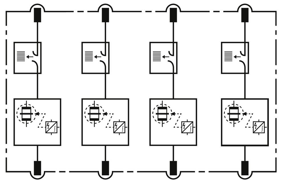 Elektrisches Schaltschema mit vier identischen parallelen Schalter-/Steuermodulen innerhalb einer gestrichelten Umhüllung, die oben und unten mit gemeinsamen Sammelschienen verbunden sind.