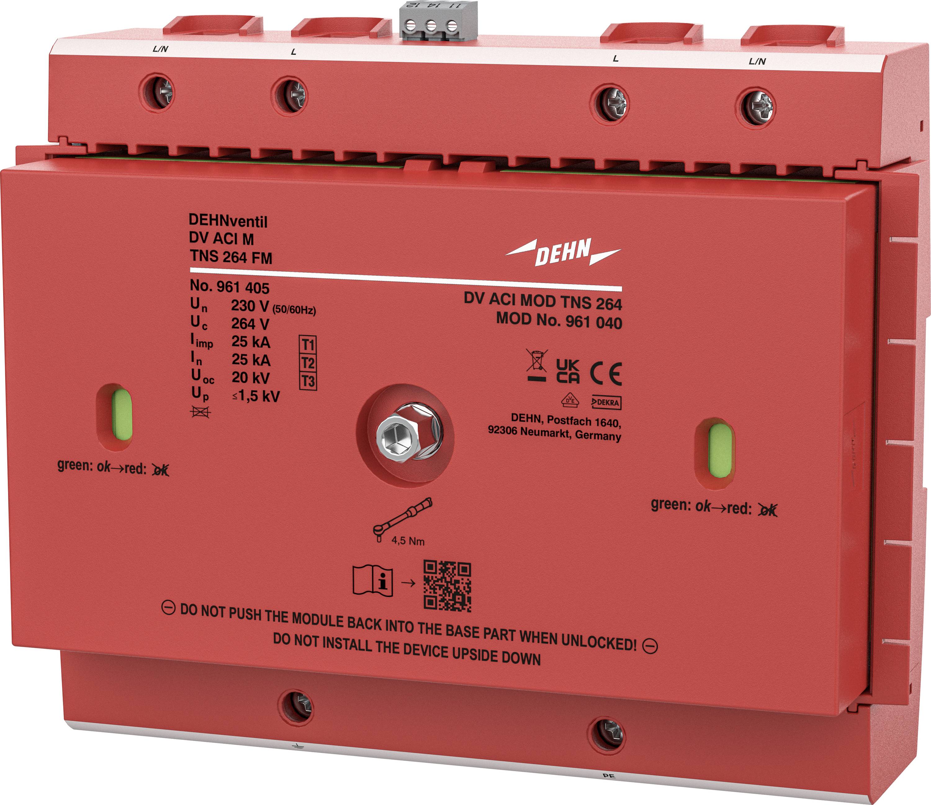 Rotes DEHN-Modul zum Schutz vor elektrischen Überspannungen mit zwei grünen Anzeigewenstern und gedruckten technischen Etiketten auf der Vorderseite.