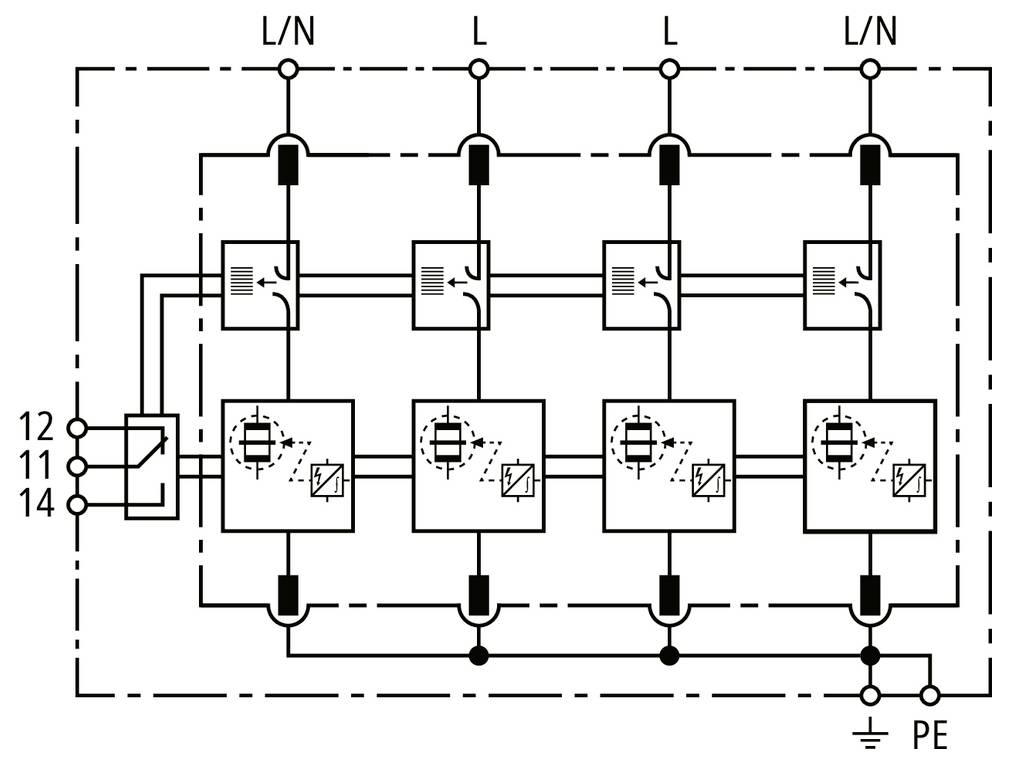 Schaltschema der elektrischen Verdrahtung mit vier verbundenen Modulen mit L/N- und PE-Anschlüssen, Schaltblöcken und nummerierten Kontakten 12, 11, 14.