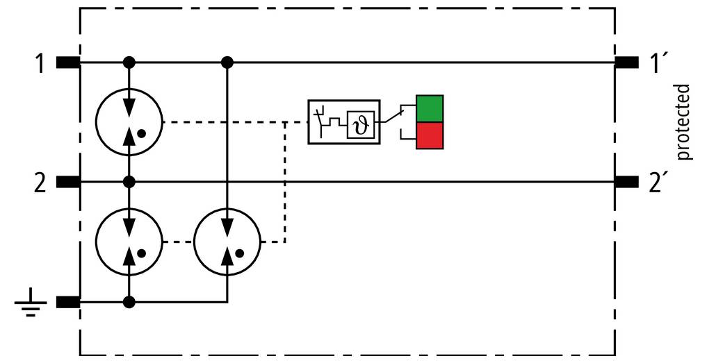 Vereinfachtes Schaltschema, das drei verbundene kreisförmige Komponenten zwischen den Leitungen 1 und 2 zeigt, mit einem Controller, der mit grünen und roten Statusindikatoren verbunden ist.