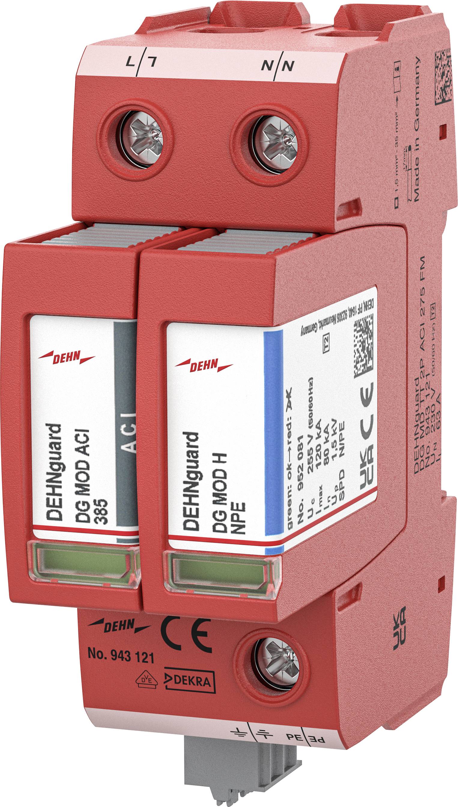 Rotes auf DIN-Schiene montiertes DEHNguard-Überspannungsschutzgerät mit zwei Modulen mit den Bezeichnungen L/N und N/PE.