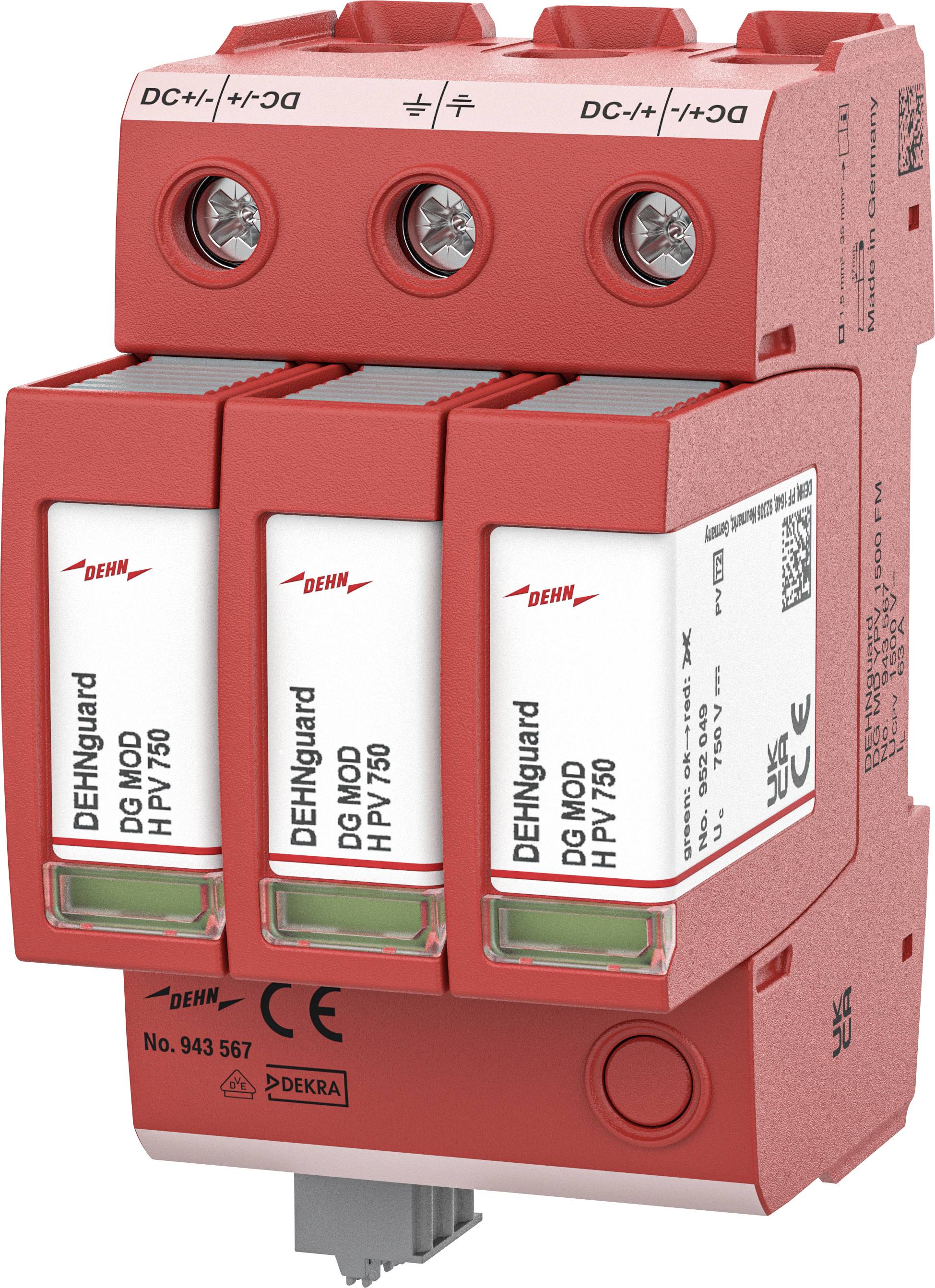 Rotes Gerät zum Schutz vor elektrischen Überspannungen mit drei Patronenmodulen und Anschlussklemmen, gekennzeichnet mit DEHNguard DG MOD HPV 750.