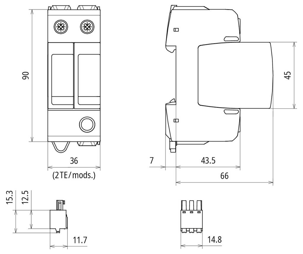 Technische Maßstabzeichnung einer modularen elektrischen Komponente mit Vorder-, Seiten- und Endansichten mit Abmessungen in Millimetern.