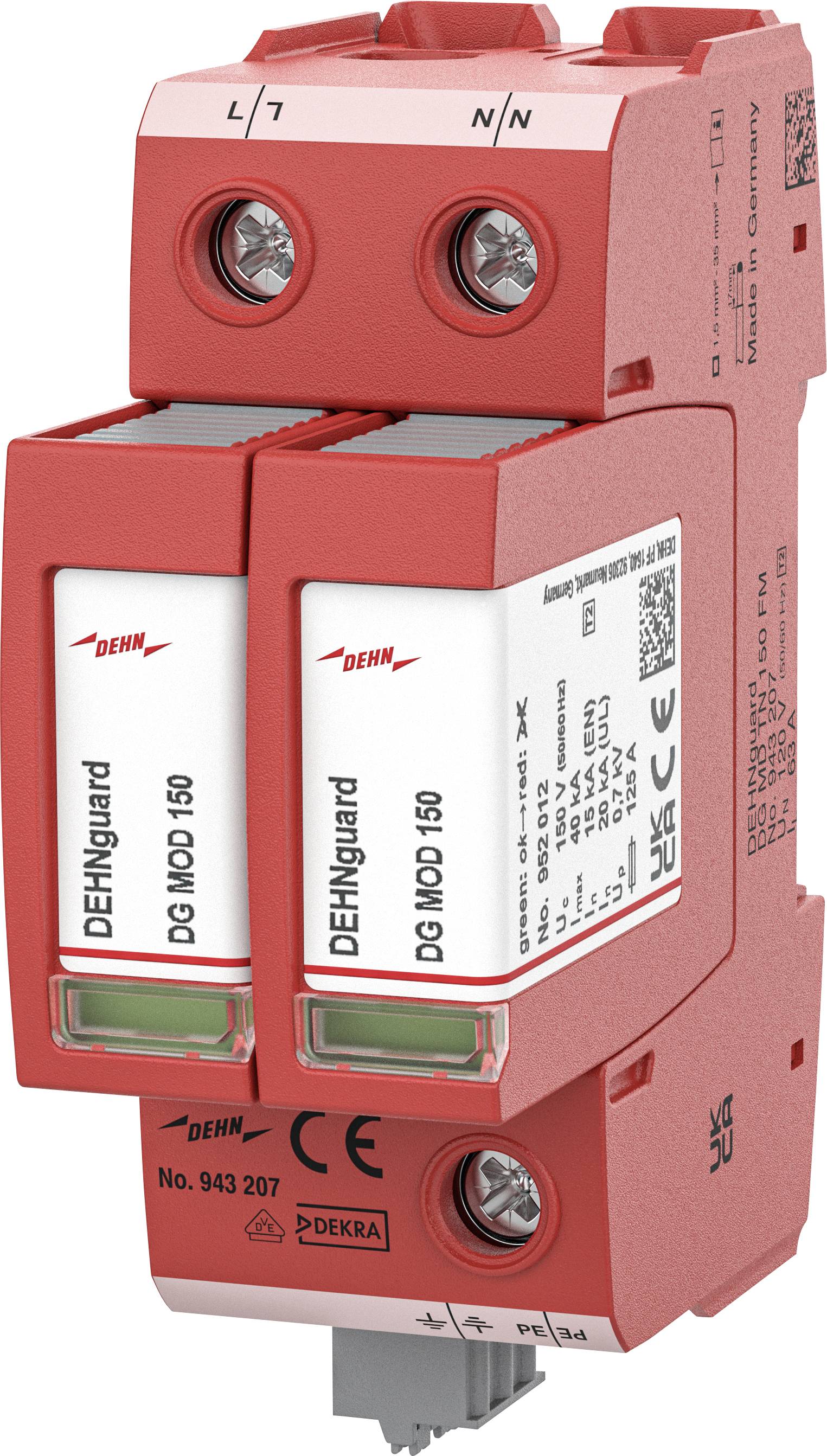 Rotes DIN-Schienen-Überspannungsschutzgerät mit zwei Steckmodulen mit der Bezeichnung DEHNguard DG MOD 150 und Anschlusskennzeichnungen L/L7, N/N.