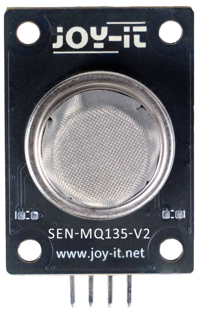 Foto eines Joy-IT SEN-MQ135-V2 Gassensormoduls mit einem zentralen Maschensieb-Sensor, vier Befestigungslöchern und vier Anschlüssen an der Unterseite.