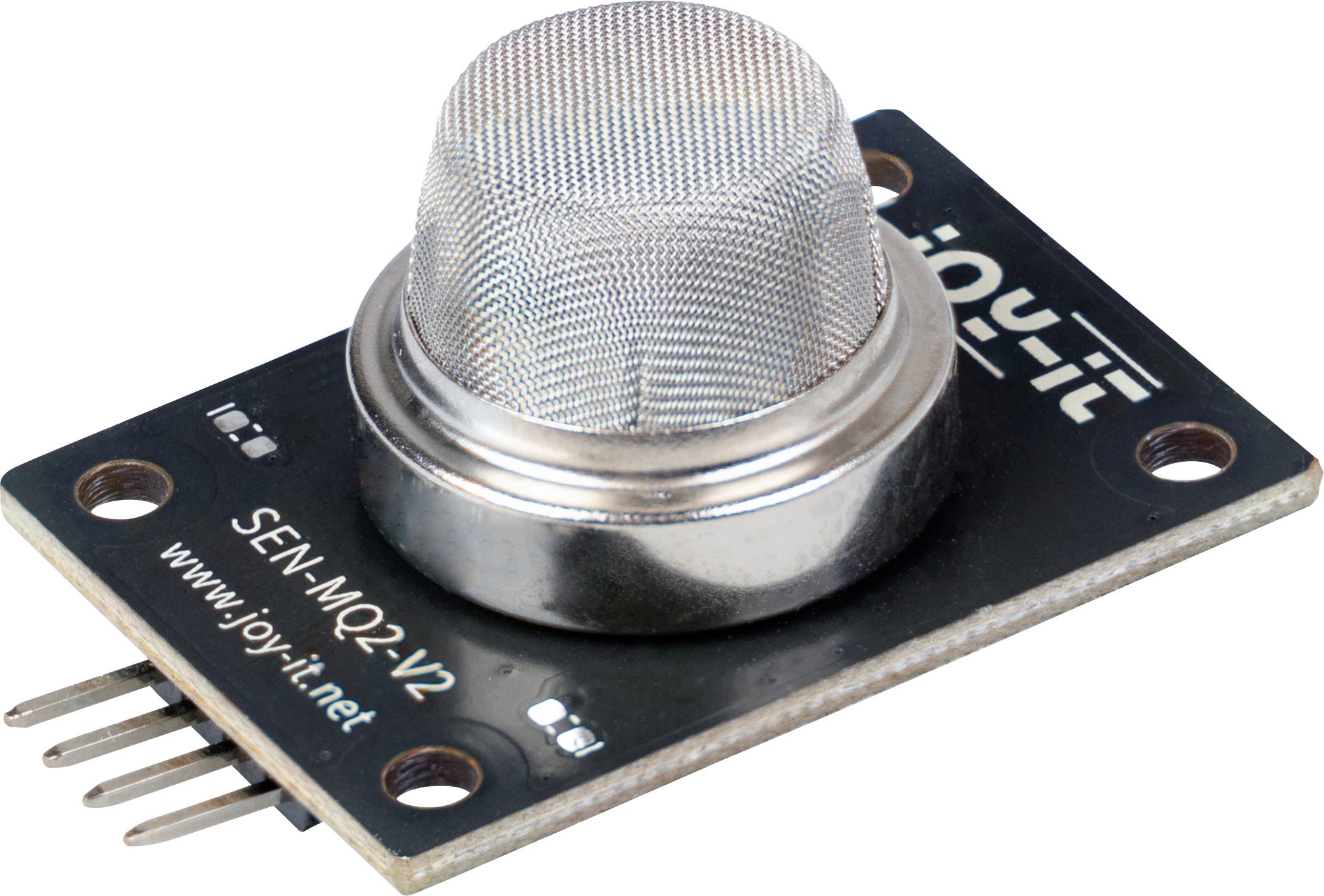 MQ-2-Gassensormodul auf einer schwarzen Leiterplatte mit Metallgitter-Sensor und vier Stiftverbindern.
